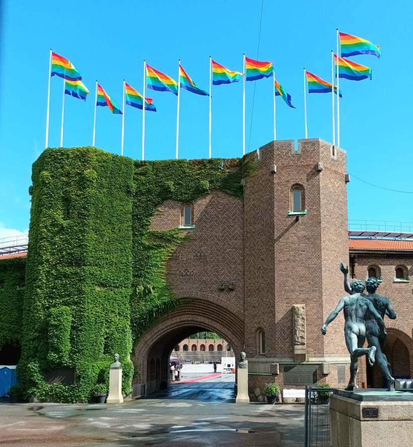 En del av Visby ringmur med flaggor på krönet